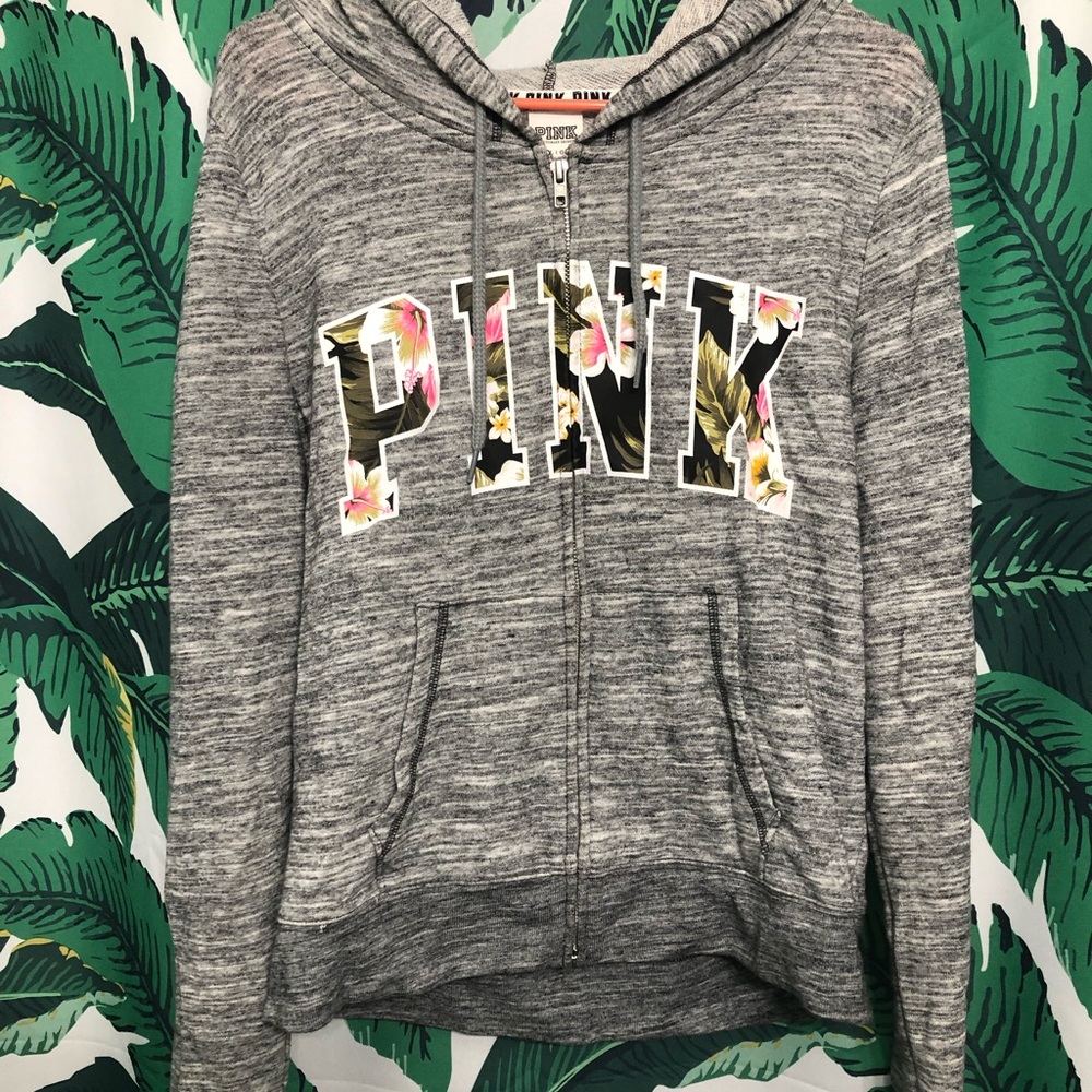 PINK Zip Hoodie Tropical Floral print Heather Grey